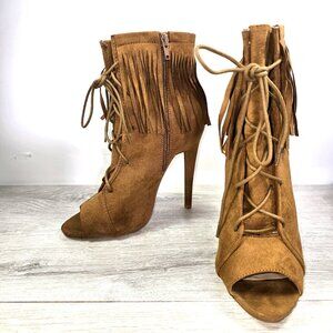 Just Fab Faux Suede Peep Toe Lace Up Ankle Boots Sz 8.5 M Fringe Stiletto Heels